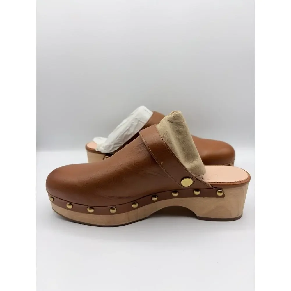 J.Crew Grace Convertible Leather Clogs Wooden Sole Studded Brown 7.5 Excellent